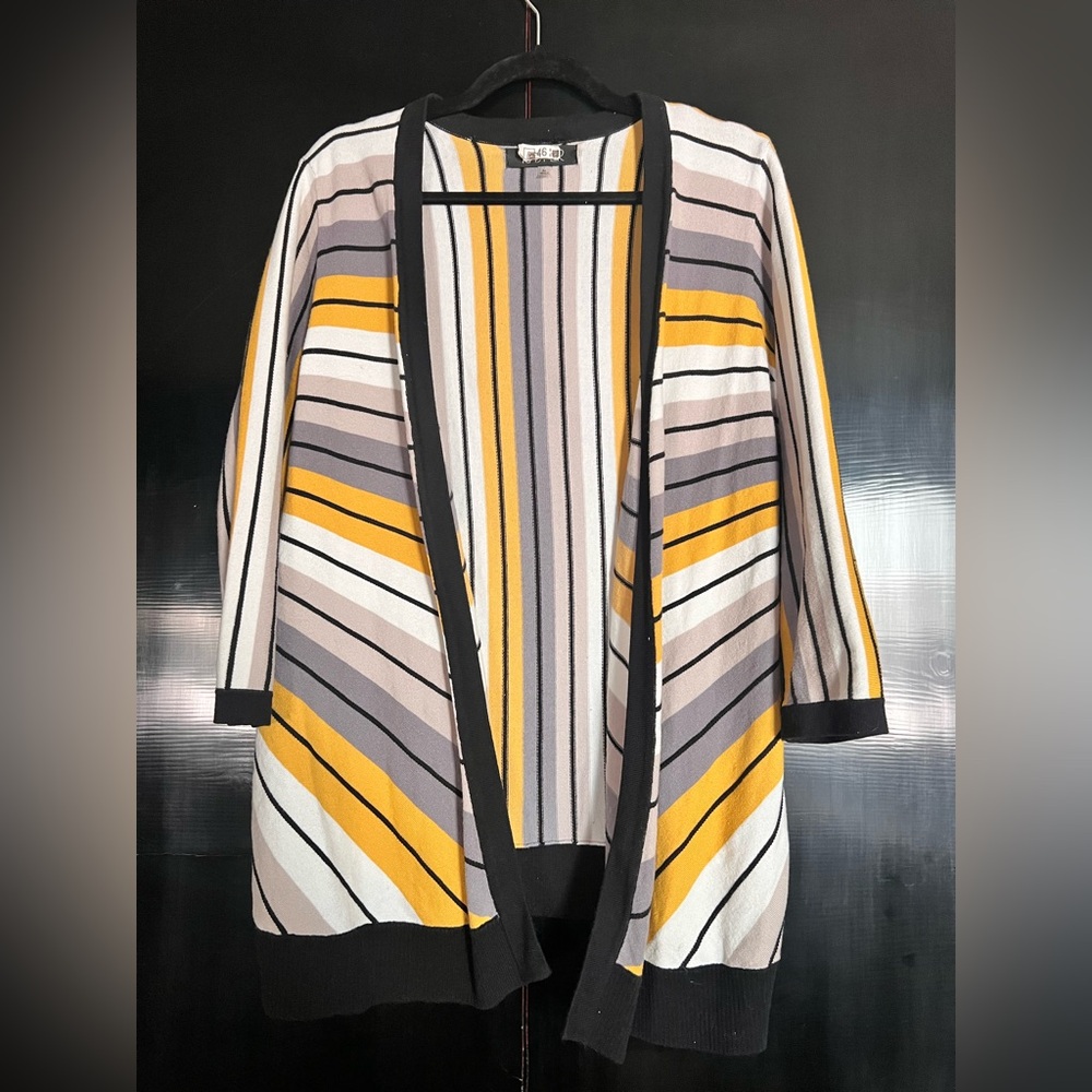 Kasper Yellow White Black Striped Open Front Cardigan